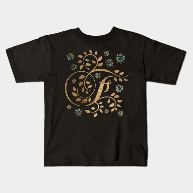 Luxury Golden Calligraphy Monogram with letter F Kids T-Shirt by Nartissima